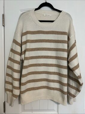 Solai Cream & Tan Striped Scoop Neck Sweater